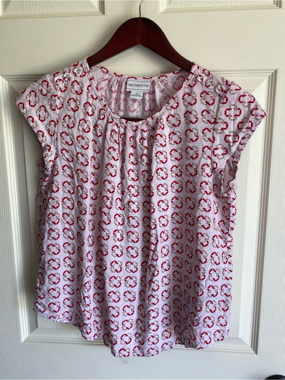 Liz Claiborne White and Pink Geometric Cap-Sleeve Blouse